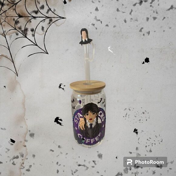 Handmade Beer can shaped glass cup with Bamboo lid, straw topper, Wednesday - Picture 2 of 11